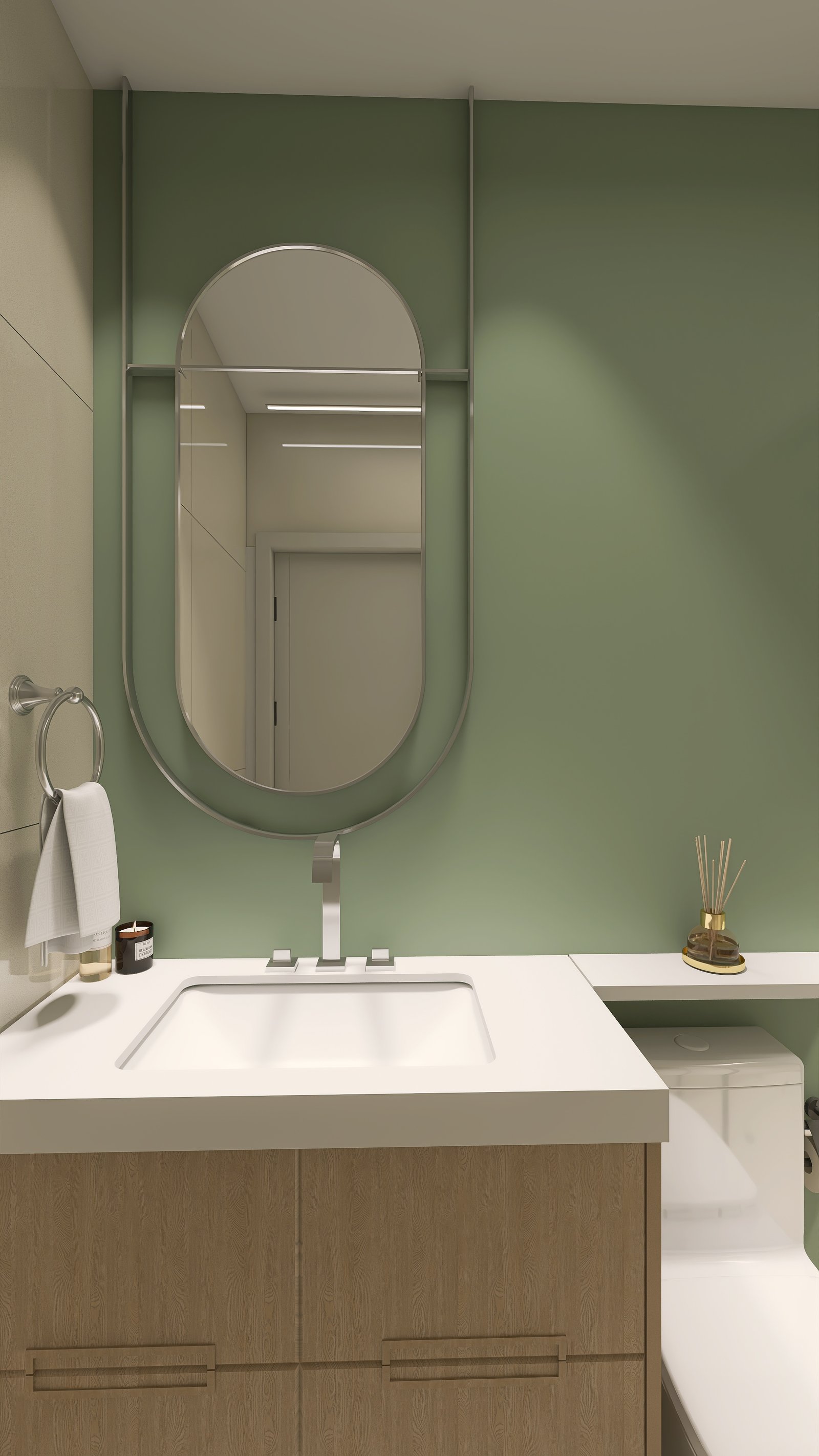 Banheiro com paleta suave e desenho minimalista